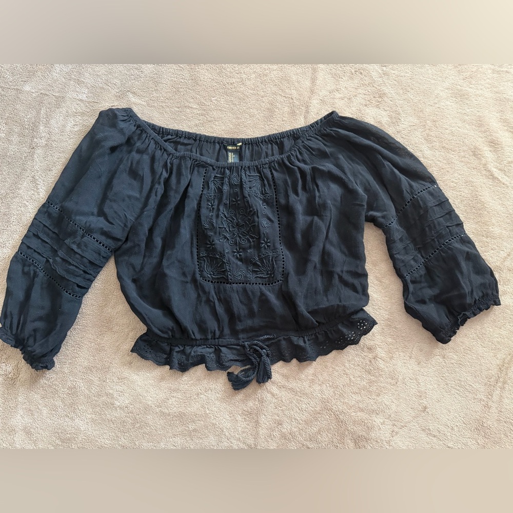 Forever 21 Black Off-Shoulder Embroidered Crop Top